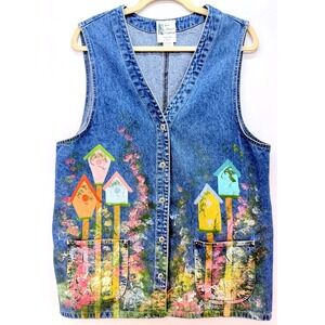 Maurys Cupboard Handpainted Denim Vest Sz Medium Birdhouse Floral Cottagecore